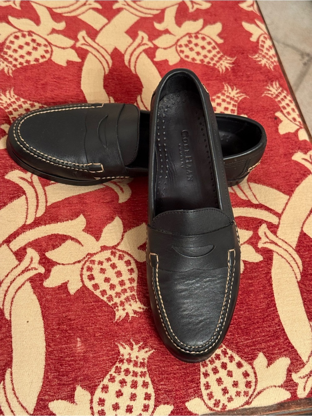 Cole Haan Black Leather Penny Loafers with Contrast Stitching